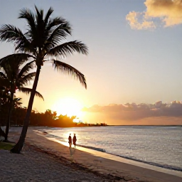 Caribbean Holidays, Barbados in April, A quiet Barbados beach at sunset with warm golden light, calm sea, palm trees and a couple walking along the shore