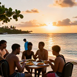 Caribbean Holidays, Barbados in April, A relaxed evening in Barbados with backpackers eating local food near the coast, warm sunset light and a friendly island atmosphere