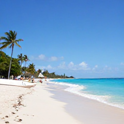 Caribbean Holidays, Barbados in April, A sunny Barbados coastline in April with turquoise sea, pale sand, swaying palm trees and a few visitors enjoying the beach