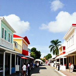 Caribbean Holidays, Barbados in April, Colourful Bridgetown street in Barbados with historic buildings, local shops, palm trees and visitors exploring in warm April sunshine
