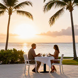 Caribbean Holidays, Barbados in April, Couple enjoying an outdoor dinner at a Barbados all-inclusive resort beside the sea at sunset, with warm evening light and tropical surroundings