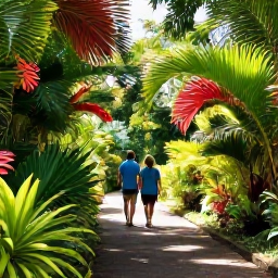 Caribbean Holidays, Barbados in April, Couple exploring a lush botanical garden in Barbados, with tropical plants, winding paths and dappled sunlight