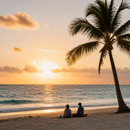 Caribbean Holidays, Barbados in April, Couple relaxing on a spacious Barbados beach at sunset in April, calm sea, golden light and swaying palm trees