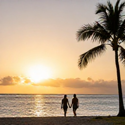 Caribbean Holidays, Barbados in April, Couple walking hand in hand along a calm Barbados beach at sunset, with palm trees and warm golden light