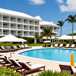 Caribbean Holidays, Barbados in April, Elegant all-inclusive beachfront resort in Barbados, with sun loungers, swimming pool, tropical gardens and guests enjoying a relaxed April holiday