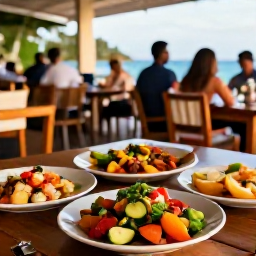 Caribbean Holidays, Barbados in April, Outdoor restaurant in Barbados serving fresh local food, with colourful dishes, relaxed diners and warm evening light