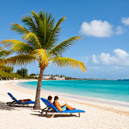 Caribbean Holidays, Barbados in April, Quiet white-sand beach in Barbados with turquoise water, sun loungers and a couple relaxing beneath a palm tree