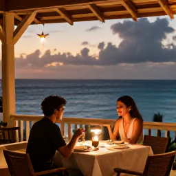 Caribbean Holidays, Barbados in April, Romantic outdoor restaurant overlooking the sea in Barbados, with a couple enjoying a relaxed dinner at dusk