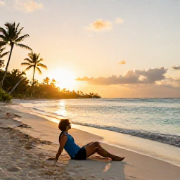 Caribbean Holidays, Barbados in April, Traveller relaxing on a Barbados beach in April at sunset, calm turquoise water, golden light and palm trees