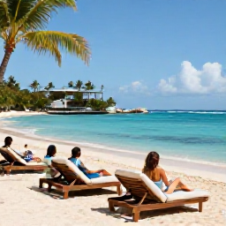 Caribbean Holidays, Barbados in April, Travellers enjoying a peaceful Barbados beach holiday in April, sun loungers, clear water and tropical coastline