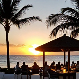 Caribbean Holidays, Barbados in August, A relaxed Barbados sunset viewed from a beachfront restaurant, with palm silhouettes, warm light and diners enjoying an evening meal