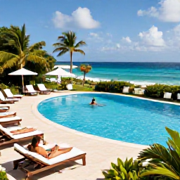 Caribbean Holidays, Barbados in August, Guests relaxing beside an all-inclusive resort pool in Barbados, with tropical gardens, sun loungers and the Caribbean Sea beyond