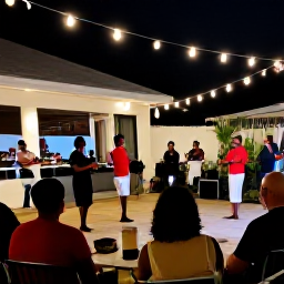 Caribbean Holidays, Barbados in December, A friendly Barbados evening gathering with live calypso music, local dancers, lanterns and visitors enjoying a relaxed festive atmosphere