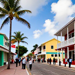 Caribbean Holidays, Barbados in December, A lively Bridgetown street scene in December, with colourful buildings, palm trees, local people and subtle festive decorations