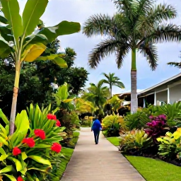 Caribbean Holidays, Barbados in December, A lush tropical garden in Barbados with flowering plants, tall palms and a visitor walking along a shaded path