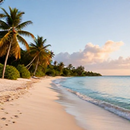 Caribbean Holidays, Barbados in December, A tranquil Barbados beach at sunrise with calm clear water, soft sand and tropical vegetation