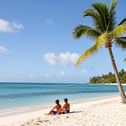 Caribbean Holidays, Barbados in February, A bright Caribbean beach in Barbados with calm turquoise water, pale sand, palm trees and a relaxed couple enjoying the February sunshine