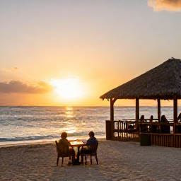 Caribbean Holidays, Barbados in February, A couple enjoying a February sunset on the west coast of Barbados, with golden light, calm sea and a relaxed beachfront restaurant