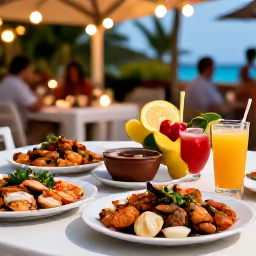 Caribbean Holidays, Barbados in February, A friendly outdoor table in Barbados serving fresh local seafood and colourful tropical fruit, with a warm evening atmosphere
