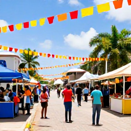 Caribbean Holidays, Barbados in February, A lively Barbados street scene during February, with colourful decorations, local food stalls, musicians and friendly visitors enjoying the island atmosphere