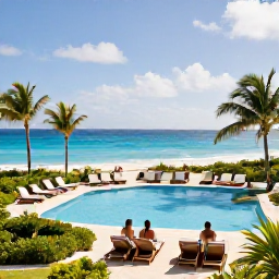 Caribbean Holidays, Barbados in February, A stylish Barbados all-inclusive resort overlooking the sea, with a swimming pool, sun loungers, tropical gardens and guests enjoying a peaceful afternoon