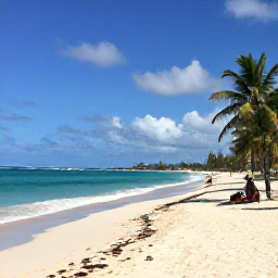 Caribbean Holidays, Barbados in February, A sunlit Barbados beach in February with turquoise sea, soft white sand, palm trees and a few relaxed visitors