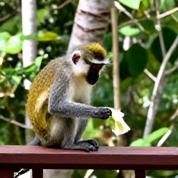 Caribbean Holidays, Barbados in February, Green Monkey feeding in a Barbados wildlife reserve surrounded by tropical trees and natural woodland