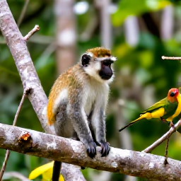 Caribbean Holidays, Barbados in February, Green monkeys and tropical birds in the Barbados Wildlife Reserve among woodland paths and lush vegetation