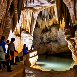 Caribbean Holidays, Barbados in February, Guided visitors inside Harrison&rsquo;s Cave in Barbados, viewing limestone formations and underground pools beneath soft lighting
