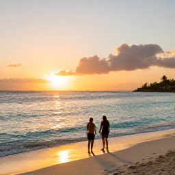 Caribbean Holidays, Barbados in February, Quiet Barbados beach at sunset with golden light, calm turquoise water and a couple enjoying a peaceful nature holiday