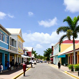 Caribbean Holidays, Barbados in February, Sunny Bridgetown street scene in Barbados during February, with colourful historic buildings, palm trees and people exploring