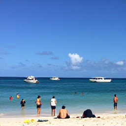 Caribbean Holidays, Barbados in February, Visitors swimming and relaxing on Carlisle Bay beach in Barbados, with calm blue water, snorkelling boats and a clear February sky