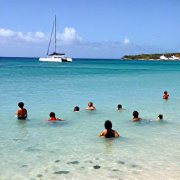 Caribbean Holidays, Barbados in February, Visitors swimming and snorkelling in clear Caribbean water near a Barbados beach, with colourful fish, a catamaran and a sunny coastline in the background