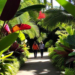 Caribbean Holidays, Barbados in February, Visitors walking through a lush Barbados botanical garden with tropical plants, winding paths and dappled sunlight