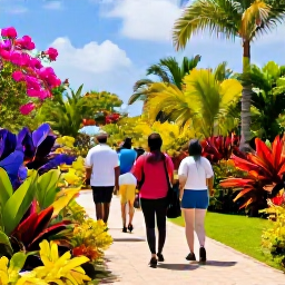 Caribbean Holidays, Barbados in February, Visitors walking through lush tropical gardens in Barbados, surrounded by flowering plants, tall palms and colourful foliage