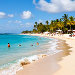 Caribbean Holidays, Barbados in February, Warm February afternoon on a Barbados beach, with turquoise water, golden sand, palm trees and visitors swimming and relaxing