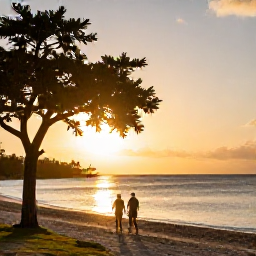 Caribbean Holidays, Barbados in January, A peaceful Barbados coastline at sunset with sea grape trees, warm light and a couple walking beside the water