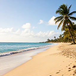 Caribbean Holidays, Barbados in January, A quiet golden beach on Barbados in January, with turquoise water, palm trees and bright morning sunshine