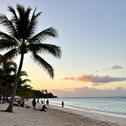 Caribbean Holidays, Barbados in January, Relaxed Barbados beach at sunset with a small group of visitors, warm light, calm sea and a natural tropical setting