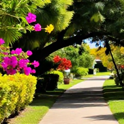 Caribbean Holidays, Barbados in January, Tropical Barbados landscape with flowering plants, green trees and a shaded walking path in bright January sunshine