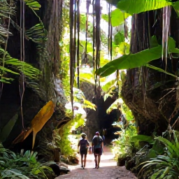 Caribbean Holidays, Barbados in January, Visitors walking through a lush Barbados gully with tropical plants, hanging vines and dappled sunlight