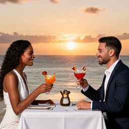 Caribbean Holidays, Barbados in June, Couple enjoying a stylish dinner and rum cocktails at an adults-only Barbados resort at sunset