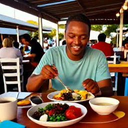 Caribbean Holidays, Barbados in June, Friendly solo traveller enjoying Bajan food at an outdoor restaurant in Bridgetown, colourful local dishes and warm evening light