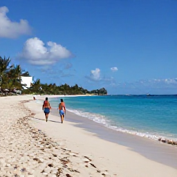 Caribbean Holidays, Barbados in June, Golden sandy beach on the south or west coast of Barbados in June, with calm turquoise water and couples walking beside the shore