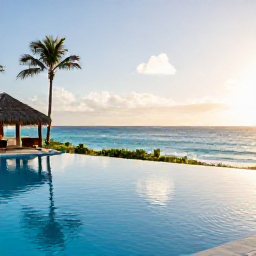 Caribbean Holidays, Barbados in June, Peaceful adults-only Barbados resort pool overlooking the Caribbean Sea in warm June sunshine