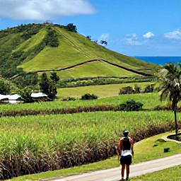 Caribbean Holidays, Barbados in June, Scenic Barbados landscape in June with green hills, sugar cane fields, a coastal road and a solo traveller exploring