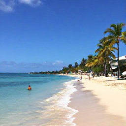 Caribbean Holidays, Barbados in June, Solo visitor swimming in calm Caribbean water off the coast of Barbados, sandy beach, palm trees and clear blue sky
