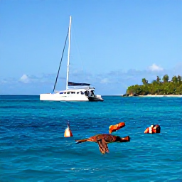 Caribbean Holidays, Barbados in March, A Barbados coastal excursion with a catamaran sailing over clear blue water, snorkellers near a sea turtle and the island visible in the background