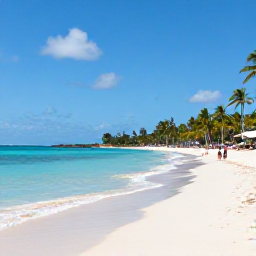 Caribbean Holidays, Barbados in March, A bright Caribbean beach in Barbados in March, with calm turquoise water, pale sand, palm trees and a few relaxed holidaymakers