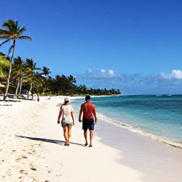 Caribbean Holidays, Barbados in March, A couple walking along a sunny Barbados beach in March, with calm turquoise water, pale sand and gently swaying palm trees